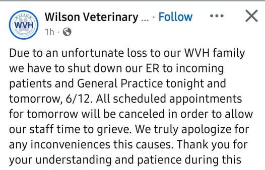 Wilson Veterinary Hospital Romeo, Michigan Death- Temporary Shutdown at Hospital After Bereavement Among Staff